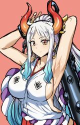 Rule 34 | 1girl, absurdres, aqua hair, armpits, arms behind head, artist request, bare shoulders, breasts, female focus, highres, horns, large breasts, light smile, long hair, looking at viewer, multicolored hair, one piece, orange eyes, sideboob, solo, upper body, white hair, yamato (one piece)