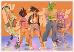 Rule 34 | 5boys, abs, absurdres, alternate costume, animal ear piercing, antennae, beerus, belt, black hair, black jacket, blue pants, border, brown belt, blowing bubbles, clothes around waist, clothes writing, collarbone, colored skin, commentary, dragon ball, earrings, english commentary, floating, food, furry, green skin, hand on own hip, highres, holding, holding food, holding ice cream, holding ice cream cone, ice cream, ice cream cone, jacket, jacket around waist, jewelry, liauditore, long sleeves, male focus, midriff, multiple boys, orange footwear, orange vest, pants, piccolo, pink shirt, red shirt, reflective floor, shirt, socks, son goku, spiked hair, striped clothes, striped shirt, vegeta, vest, white border, white footwear, white shirt, white socks, yellow pants, yellow shirt, zamasu