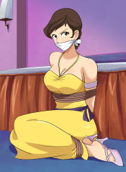 Rule 34 | absurdres, arms behind back, bdsm, bondage, bound, bound ankles, bound arms, breasts, brown eyes, brown hair, cleavage, cloth gag, dress, gag, gagged, highres, improvised gag, large breasts, lost one zero, lupin iii, medium breasts, mine fujiko, over the mouth gag, rope, yellow dress