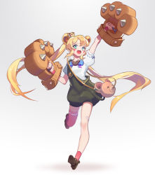 Rule 34 | 1girl, animal ears, animal hands, aqua eyes, arm up, bag, bandaid, bandaid on leg, bear ears, blue bow, bow, brown footwear, crown, facial mark, fang, gradient background, hair between eyes, handbag, heart, highres, holding, holding weapon, leg up, long hair, open mouth, original, pink thighhighs, pink wristband, single sock, single thighhigh, skin fang, skindentation, socks, solo, spikes, thelian, thighhighs, tongue, twintails, very long hair, weapon, wristband