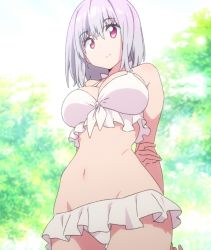 Rule 34 | 10s, 1girl, bikini, blush, breasts, frilled bikini, frills, from below, front-tie bikini top, front-tie top, gridman universe, highres, large breasts, leaning forward, light purple hair, looking at viewer, navel, pink eyes, screencap, shinjou akane, short hair, smile, solo, ssss.gridman, stomach, swimsuit