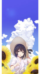 Rule 34 | 1girl, :d, absurdres, black hair, black ribbon, blue sky, blush, cloud, cloudy sky, collarbone, commentary, day, eyebrows, field, flower, flower field, fujiwara mizuki, grey eyes, hair between eyes, hand up, hat, hat ribbon, highres, holding, holding clothes, holding hat, hospital gown, looking at viewer, open mouth, original, ribbon, robe, short sleeves, sky, smile, solo, straw hat, striped ribbon, summer, sunflower, sunflower field, teeth, wind