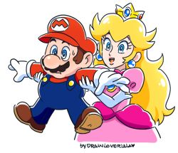Rule 34 | 1boy, 1girl, blonde hair, blue eyes, boots, brown hair, crown, drawloverlala, dress, earrings, elbow gloves, gem, gloves, hat, holding own arm, human shield, jewelry, mario, mario (series), nintendo, overalls, pink dress, princess peach, red shirt, shirt, shoulder pads, simple background, upper body, white background, white gloves