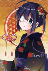 Rule 34 | 1girl, ahoge, alternate costume, black kimono, blue eyes, blush, chuunibyou demo koi ga shitai!, commentary request, eyepatch, floral print, flower, from side, hair flower, hair ornament, highres, japanese clothes, kimono, looking at viewer, magupimu, obi, one side up, open mouth, orange background, print kimono, red flower, sash, short hair, smile, solo, takanashi rikka, translation request, upper body