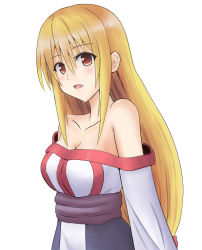 Rule 34 | 1girl, arc the lad, arc the lad ii, bare shoulders, blonde hair, blush, braid, breasts, brown eyes, cleavage, commentary request, dress, lieza (arc the lad), long hair, looking at viewer, low-tied long hair, single braid, solo, yukikan