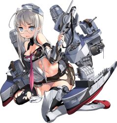 Rule 34 | 1girl, ahoge, black thighhighs, blue eyes, breasts, cleavage, full body, glasses, gloves, grey hair, hat, heywood l. edwards (kancolle), kantai collection, large breasts, long hair, long sleeves, machinery, navel, off-shoulder shirt, off shoulder, official art, open mouth, rigging, rudder footwear, school uniform, shirt, single glove, skirt, solo, thighhighs, torn clothes, torn shirt, torn skirt, torn thighhighs, transparent background, turret, white gloves, white hat, white shirt, zeco