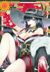 Rule 34 | 1girl, absurdres, azur lane, bare shoulders, black hair, black kimono, blunt bangs, breasts, brown eyes, choker, collarbone, commentary request, cross, floral background, folding fan, fur scarf, hair ornament, hand fan, hat, hat ornament, highres, holding, holding fan, iron cross, japanese clothes, kimono, large breasts, long hair, looking at viewer, obi, off shoulder, official alternate costume, parted lips, peter strasser (azur lane), peter strasser (chronos&#039;s kalendae) (azur lane), sash, sidelocks, sitting, solo, traditional media, whipberry, wide sleeves