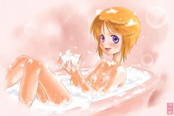 Rule 34 | 1girl, bath, elpeo puru, gundam, nipples, nude, orange hair, purple eyes