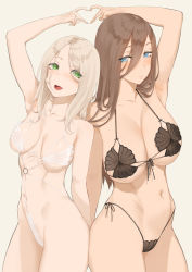 Rule 34 | 2girls, arm behind back, arm up, black bra, black panties, blonde hair, bra, breasts, brown hair, collarbone, commentary request, cowboy shot, front-tie top, green eyes, grey background, hair between eyes, heart, heart hands, heart hands duo, highleg, highleg panties, highres, kana (throtem), large breasts, looking at another, medium breasts, multiple girls, navel, o-ring, open mouth, original, paid reward available, panties, parted lips, see-through, simple background, standing, stomach, throtem, underwear, underwear only, white bra, white panties