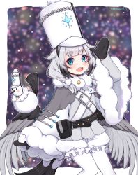 Rule 34 | 1girl, alchemy stars, belt, belt pouch, bird, black gloves, black hairband, blue eyes, blurry, blurry background, blush, eyelashes, feathered wings, frills, fur-trimmed sleeves, fur trim, gloves, grey hair, hairband, hat, highres, id card, long hair, long sleeves, looking at viewer, low wings, multicolored hair, nanumn, open mouth, pantyhose, pouch, short eyebrows, signature, teeth, tongue, tweety (alchemy stars), upper teeth only, white headwear, white pantyhose, wide sleeves, wings, winter clothes, winter gloves