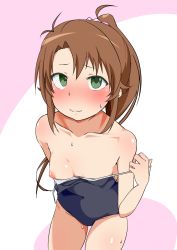 Rule 34 | 1girl, ahoge, antenna hair, bare shoulders, blush, breasts, brown hair, closed mouth, collarbone, dot nose, embarrassed, eyebrows, feet out of frame, female focus, green eyes, groin, hair ornament, hair scrunchie, hand up, highres, koshigaya komari, long hair, looking at viewer, myauchuchu, nervous, nipple slip, nipples, non non biyori, off shoulder, one-piece swimsuit, one breast out, pink scrunchie, ponytail, pulled by self, scrunchie, shiny skin, simple background, small breasts, solo, standing, strap slip, sweat, swimsuit, wavy mouth