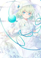 Rule 34 | 1girl, alternate costume, blue eyes, blush, bow, bowtie, closed mouth, dress, green hair, hat, highres, komeiji koishi, looking at viewer, medium hair, puffy short sleeves, puffy sleeves, re re merry, short sleeves, simple background, smile, solo, third eye, touhou, wavy hair, white bow, white bowtie, white dress, white hat, wristband