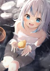 Rule 34 | 1girl, :d, bathing, blue eyes, blunt bangs, breasts, bucket, colored tips, commentary, english commentary, gawr gura, highres, hololive, hololive english, looking at viewer, medium hair, multicolored hair, naked towel, onsen, open mouth, outdoors, partially submerged, rubber duck, seboneko, sharp teeth, small breasts, smile, solo, stone, streaked hair, tareme, teeth, towel, virtual youtuber, white hair, wooden bucket