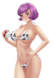 Rule 34 | 1girl, :q, absurdres, animal print, artist name, bare shoulders, bikini, blush, breasts, chungmechanic, cleavage, closed mouth, collarbone, courtney (pokemon), cow print, cowboy shot, creatures (company), game freak, hand on own hip, highres, holding, holding poke ball, large breasts, looking at viewer, nail polish, nintendo, poke ball, poke ball (basic), pokemon, pokemon oras, print bikini, purple eyes, purple hair, purple nails, short hair, simple background, skindentation, smile, solo, swept bangs, swimsuit, team magma, tongue, tongue out, white background, white bikini