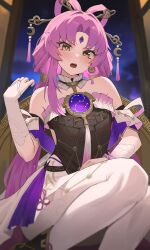Rule 34 | 1girl, absurdres, bare shoulders, black dress, blush, breasts, bridal gauntlets, detached collar, detached sleeves, dress, forehead jewel, fu xuan (honkai: star rail), hair ornament, hair stick, highres, honkai: star rail, honkai (series), jewelry, long hair, looking at viewer, low twintails, neck ring, nvl, open mouth, pantyhose, parted bangs, pink hair, sitting, skirt, small breasts, solo, tassel, thighs, twintails, white pantyhose, white skirt, yellow eyes