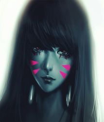 Rule 34 | 1girl, closed mouth, d.va (overwatch), eyeliner, eyeshadow, facepaint, facial mark, highres, image sample, kyung han kim, lips, long hair, looking at viewer, makeup, mascara, nose, overwatch, overwatch 1, portrait, realistic, solo, spot color, whisker markings