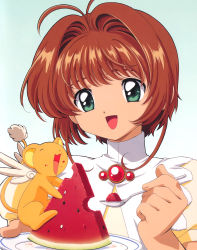 Rule 34 | 1990s (style), 1girl, ^ ^, absurdres, antenna hair, brown hair, cardcaptor sakura, child, clamp, closed eyes, eating, food, fruit, green eyes, hair intakes, highres, kero (cardcaptor sakura), kinomoto sakura, official art, open mouth, retro artstyle, simple background, spoon, watermelon