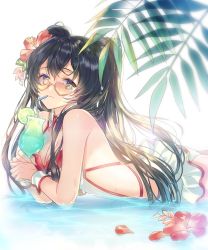 Rule 34 | 1girl, alternate costume, bare shoulders, black hair, blue eyes, breasts, cleavage, closed mouth, cup, detached sleeves, drink, drinking glass, drinking straw, flower, food, frills, fruit, glasses, hair flower, hair ornament, heart, heart-shaped eyewear, hibiscus, holding, holding drink, king&#039;s raid, leaf, lime (fruit), lime slice, long hair, looking at viewer, lying, mediana, medium breasts, on stomach, one-piece swimsuit, partially submerged, plant, red one-piece swimsuit, solo, ss hh bb, swimsuit, white one-piece swimsuit