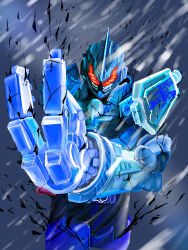Rule 34 | 1boy, armor, blizzard, blue armor, build driver, come at me bro, come hither, donguri kaijin, driver (kamen rider), glowing, glowing eyes, grease blizzard, highres, kamen rider, kamen rider build (series), kamen rider grease, looking at viewer, male focus, mechanical hands, red eyes, single mechanical hand, snow, snowflakes, snowing, tokusatsu, translucent, winter