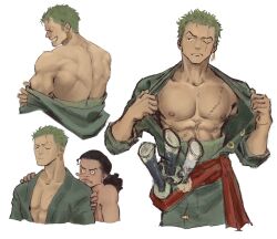 Rule 34 | 2boys, abs, back, bare pectorals, black hair, clothes pull, coat, cropped legs, cropped torso, curly hair, earrings, galsan12, green coat, green hair, haramaki, highres, jewelry, long nose, looking to the side, loose hair strand, male focus, multiple boys, multiple views, muscular, muscular male, nipples, one eye closed, one piece, open clothes, pectorals, ponytail, presenting pectorals, pulling own clothes, red sash, roronoa zoro, sash, scar, scar across eye, scar on chest, scar on face, short hair, sideburns, simple background, single earring, smile, usopp, white background