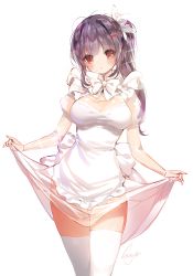 Rule 34 | 1girl, bad id, bad pixiv id, black hair, blush, bow, bowtie, breasts, brown eyes, clothes lift, dress, dress lift, flower, hair flower, hair ornament, hairclip, long hair, looking at viewer, original, ponytail, simple background, solo, sukja, thighhighs, white background, white dress, white thighhighs