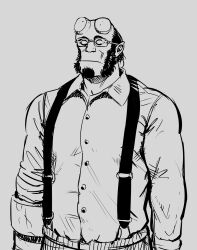 Rule 34 | 1boy, alternate costume, arms at sides, bald spot, bara, bespectacled, blank eyes, broken horn, collared shirt, cowboy shot, demon boy, facial hair, glasses, goatee, greyscale, hellboy, hellboy (comic), highres, horns, large pectorals, male focus, mature male, monochrome, monster boy, muscular, muscular male, mutton chops, pectorals, shirt, smagma, solo, suspenders, ugly man