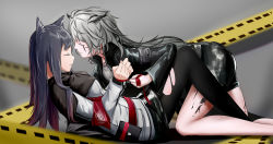 Rule 34 | 2girls, absurdres, animal ears, arknights, bent over, black hair, black jacket, black legwear, capelet, cat ears, closed eyes, commentary request, grey background, grey hair, highres, huocheng, jacket, lappland (arknights), long hair, lying, material growth, multiple girls, on back, oripathy lesion (arknights), pantyhose, red ribbon, restrained, ribbon, scar, scar on face, texas (arknights), torn clothes, torn legwear, white jacket, yuri