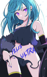 Rule 34 | 1girl, :&lt;, absurdres, black panties, blue hair, blurry, body writing, closed mouth, collarbone, commentary, cowboy shot, crop top, elbow gloves, gloves, highres, long hair, looking at viewer, nail polish, nanashnojo, navel, original, panties, panty pull, purple eyes, purple nails, simple background, single thighhigh, sleeveless, solo, standing, strap pull, string panties, thighhighs, underwear, white background