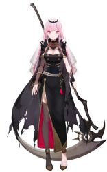 Rule 34 | 1girl, black dress, black nails, breasts, cleavage, dress, full body, holding, holding scythe, hololive, hololive english, long hair, mori calliope, mori calliope (1st costume), nail polish, official art, pink eyes, pink hair, scythe, second-party source, side slit, solo, thighhighs, tiara, torn clothes, veil, virtual youtuber, white background