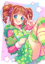 Rule 34 | 1girl, :d, aqua eyes, ass, blue eyes, blush, brown hair, drill hair, feet out of frame, frilled skirt, frills, frog, frog girl, green skirt, hood, hoodie, idol, idolmaster, idolmaster (classic), jacket, jumping, long sleeves, looking at viewer, multicolored clothes, multicolored legwear, neko-rina, open mouth, panties, pantyshot, pastel colors, short hair, skirt, smile, star (symbol), starry background, striped clothes, striped thighhighs, stuffed animal, stuffed frog, stuffed toy, takatsuki yayoi, thighhighs, twin drills, twintails, underwear, v