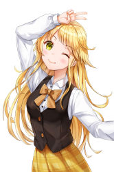 Rule 34 | 1girl, ;q, arm on own head, bad id, bad pixiv id, bang dream!, black vest, blonde hair, blush, bow, bowtie, collared shirt, highres, long hair, long sleeves, looking at viewer, lunacle, one eye closed, orange hair, plaid, plaid skirt, shirt, sidelocks, simple background, skirt, solo, tongue, tongue out, tsurumaki kokoro, v, vest, white background, white shirt, yellow eyes, yellow skirt