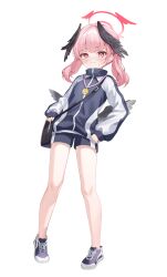Rule 34 | 1girl, bag, black footwear, black jacket, black shorts, black wings, blue archive, blush, closed mouth, feathered wings, full body, halo, head wings, heunggugi, highres, jacket, koharu (blue archive), long hair, long sleeves, pink eyes, pink hair, red halo, shoes, shorts, simple background, solo, track jacket, track uniform, twintails, white background, wings