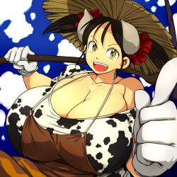 Rule 34 | 1girl, :d, animal print, apron, breasts, brown hair, cleavage, collarbone, cow girl, cow horns, cow print, female focus, gigantic breasts, gloves, grey horns, hat, hataraki ari, horns, looking at viewer, open mouth, original, outdoors, smile, solo, straw hat, sukimi, twintails, yellow eyes