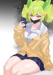 Rule 34 | 1girl, absurdres, alternate costume, black skirt, breasts, cardigan, cellphone, collarbone, collared shirt, dragon girl, dragon horns, duel monster, green hair, grey background, highres, holding, holding phone, horns, large breasts, mask, medium hair, miniskirt, mouth mask, off shoulder, oldsickkim, parlor dragonmaid, phone, pleated skirt, shirt, skirt, smartphone, solo, surgical mask, thighs, twintails, white shirt, yellow cardigan, yu-gi-oh!