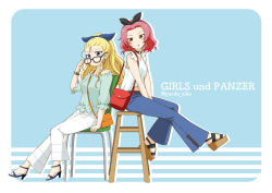 Rule 34 | 10s, 2girls, adjusting eyewear, assam (girls und panzer), back-to-back, bag, bell-bottoms, bespectacled, black-framed eyewear, black neckwear, black ribbon, blonde hair, blouse, blue background, blue eyes, blue footwear, blue pants, blue ribbon, bracelet, brown eyes, brown footwear, carrying, casual, chair, copyright name, earrings, girls und panzer, glasses, green shirt, hair pulled back, hair ribbon, handbag, jewelry, multiple girls, outside border, pants, parda siko, parted bangs, parted lips, red hair, ribbon, rosehip (girls und panzer), sandals, shirt, shoes, stool, twitter username, v arms, white pants, white shirt