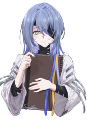 Rule 34 | 1girl, arm wrap, blue hair, book, cropped torso, eyepatch, hair between eyes, hair intakes, hand up, hecate (path to nowhere), highres, holding, holding book, holding pen, long hair, looking at viewer, notebook, one eye covered, path to nowhere, pen, robe, signature, smile, solo, straight-on, straitjacket, upper body, white robe, yellow eyes, yukikitsune kuutachibana