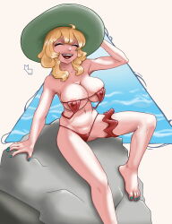 Rule 34 | 1girl, absurdres, aqua nails, areola slip, bare shoulders, barefoot, bikini, blonde hair, borrowed character, breasts, cleavage, dated, draw this in your style challenge, feet, florida-chan (ryusei hashida), foot out of frame, green hat, hat, highres, knee up, large breasts, legs, mayordi, medium hair, nail polish, navel, open mouth, original, red bikini, rock, signature, smile, solo, swimsuit, toenail polish, toenails, toes, upside-down bikini top, water