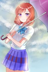 Rule 34 | 1girl, aqua bow, artist name, artist request, bare legs, blue bow, blue skirt, blush, bow, bowtie, breasts, checkered clothes, checkered skirt, cloud, collarbone, collared shirt, female focus, grey sky, hair between eyes, highres, holding, holding umbrella, looking at viewer, love live!, love live! school idol project, medium breasts, miniskirt, nishikino maki, otonokizaka school uniform, outdoors, parted lips, plaid, plaid skirt, pleated, pleated skirt, purple eyes, red hair, school uniform, shirt, short hair, skirt, sky, smile, solo, striped bow, striped bowtie, striped clothes, swept bangs, umbrella, white shirt