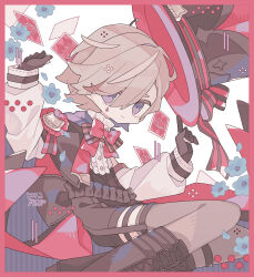 Rule 34 | 1boy, artist name, award ribbon, back bow, black bow, black capelet, black corset, black footwear, black gloves, black hat, black ribbon, black shorts, blonde hair, blue flower, boots, border, bow, bowtie, brown bow, brown bowtie, buttons, capelet, card, center frills, closed mouth, commentary request, corset, cross-laced footwear, detached sleeves, facial mark, feet out of frame, flower, frilled shirt collar, frills, garter straps, genshin impact, gloves, grey thighhighs, hair between eyes, hands up, hat, hat ribbon, highres, index finger raised, lace-up boots, long sleeves, looking at viewer, lyney (genshin impact), male focus, multicolored hair, parted bangs, petals, playing card, purple background, purple eyes, red border, red bow, red bowtie, red hair, red ribbon, ribbon, rororoyu, short hair, shorts, signature, simple background, sleeves past wrists, smile, solo, streaked hair, striped background, striped ribbon, swept bangs, teardrop facial mark, thighhighs, top hat, two-tone gloves, unworn hat, unworn headwear, watermark, white background, white gloves, white sleeves