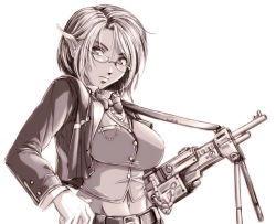Rule 34 | 1girl, belt, bow, bowtie, breasts, commentary, daniel fielding, english commentary, glasses, greyscale, gun, jacket, large breasts, machine gun, midriff, monochrome, navel, original, pointy ears, sepia, signature, solo, traditional bowtie, upper body, vest, weapon