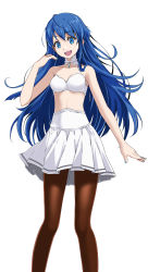 Rule 34 | 1girl, :d, bare shoulders, blue eyes, blue hair, bra, breasts, brown pantyhose, cleavage, collarbone, feet out of frame, fire emblem, fire emblem: the binding blade, hat, highres, lilina (fire emblem), long hair, medium breasts, nintendo, open mouth, pantyhose, simple background, skirt, sleeveless, smile, solo, tsukishiro saika, underwear, white background, white bra, white skirt