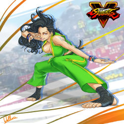 Rule 34 | 1girl, ankle wrap, asymmetrical hair, barefoot, black hair, bracelet, brazil, breasts, brown eyes, capcom, capri pants, cleavage, cornrows, crop top, feet, fighting stance, front-tie top, grin, highres, hironicamente, jewelry, large breasts, laura matsuda, logo, long hair, midriff, no shoes, one eye closed, pants, shirt, signature, smile, solo, street fighter, street fighter v, tape, tied shirt, toeless legwear, toes, wallace pires, wavy hair
