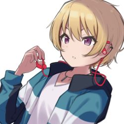 Rule 34 | 1girl, absurdres, blonde hair, blue jacket, ear piercing, earphones, highres, holding, holding earphones, idolmaster, idolmaster shiny colors, jacket, jewelry, looking to the side, necklace, open clothes, open jacket, open mouth, piercing, saijo juri, shirt, short hair, sidelocks, simple background, solo, upper body, white background, white shirt, yomogi uehara