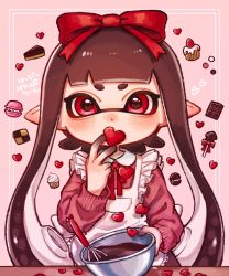 Rule 34 | 1girl, aoaza 83, apron, blunt bangs, bowl, brown hair, candy, chocolate, chocolate bar, commentary, cookie, cupcake, food, frilled apron, frills, hair ribbon, happy valentine, heart, highres, holding, holding bowl, holding food, inkling, inkling girl, inkling player character, long hair, long sleeves, looking at viewer, macaron, mixing bowl, neck ribbon, nintendo, pie, pink sweater, pointy ears, red eyes, red ribbon, ribbon, solo, splatoon (series), standing, sweater, tentacle hair, translated, valentine, whisk, white apron