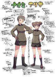 Rule 34 | 2girls, alisa (girls und panzer), arm bump, black footwear, black shorts, boots, brown eyes, brown hair, brown jacket, character name, closed mouth, commentary, emblem, freckles, girls und panzer, grey legwear, grin, hair ornament, hand on own hip, highres, jacket, kneehighs, loafers, long sleeves, looking at another, military, military uniform, multiple girls, naomi (girls und panzer), partially translated, sasaki tatsuya, saunders military uniform, shoes, short hair, short shorts, short twintails, shorts, simple background, smile, socks, standing, star (symbol), star hair ornament, translation request, twintails, uniform, very short hair, white background