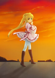 Rule 34 | 1girl, absurdres, back bow, blonde hair, blue eyes, boots, bow, brown footwear, commentary, dress, dusk, eyelashes, eyes visible through hair, floating hair, frilled dress, frilled sleeves, frills, from side, full body, hair between eyes, hands up, heterochromia, highres, juliet sleeves, kazamatsuri institute high school uniform, long hair, long sleeves, looking at viewer, may salamanya, nakatsu shizuru, neck ribbon, orange sky, outdoors, own hands clasped, own hands together, pantyhose, parted lips, pink bow, pink dress, puffy sleeves, red ribbon, rewrite, ribbon, school uniform, short dress, sidelighting, sky, solo, standing, straight hair, tareme, twintails, very long hair, white pantyhose, wide sleeves, yellow eyes