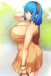 Rule 34 | 1girl, arm up, bag, bare arms, bare shoulders, blue hair, bracelet, breasts, brown hairband, cleavage, curvy, dress, erkaz, from above, hairband, handbag, highres, huge breasts, jewelry, looking at viewer, original, outdoors, pantylines, red eyes, rina atherina, solo, strapless, strapless dress, thighs, yellow dress