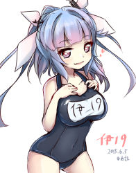 Rule 34 | 10s, 1girl, 2015, blue hair, blush, breasts, character name, collarbone, cowboy shot, dated, hair ribbon, hands on own chest, heart, heart-shaped pupils, i-19 (kancolle), kantai collection, large breasts, long hair, looking at viewer, name tag, one-piece swimsuit, red eyes, ribbon, school swimsuit, simple background, smile, solo, swimsuit, symbol-shaped pupils, tri tails, white background, yufuissei0702