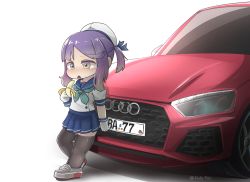 Rule 34 | 1girl, audi, audi rs4, banana, black thighhighs, blue neckerchief, blue ribbon, blue sailor collar, blue skirt, car, commentary request, food, fruit, gloves, gradient hair, hat, highres, kantai collection, motor vehicle, multicolored hair, neckerchief, open mouth, orange hair, pleated skirt, puffy short sleeves, puffy sleeves, purple eyes, purple hair, ribbon, sailor collar, sailor hat, sakusan (ss-awesome), school uniform, serafuku, short hair, short sleeves, sidelocks, simple background, skirt, solo, thighhighs, tsushima (kancolle), vehicle request, white background, white gloves, white hat
