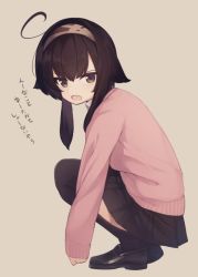 Rule 34 | 1girl, :o, ahoge, black footwear, black hair, black skirt, black thighhighs, blush, brown background, brown eyes, cardigan, full body, hair between eyes, hairband, loafers, long hair, long sleeves, looking at viewer, looking to the side, natsuki teru, open mouth, original, pink cardigan, pleated skirt, shikibe ayaka, shoes, simple background, skirt, sleeves past wrists, solo, squatting, thighhighs, translation request, v-shaped eyebrows